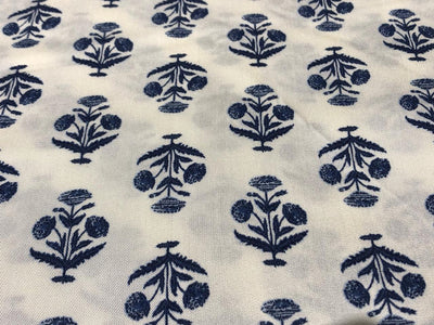 TENCEL Twill ivory with navy flower motif  Printed Fabric ~ 58&quot; wide [17293]