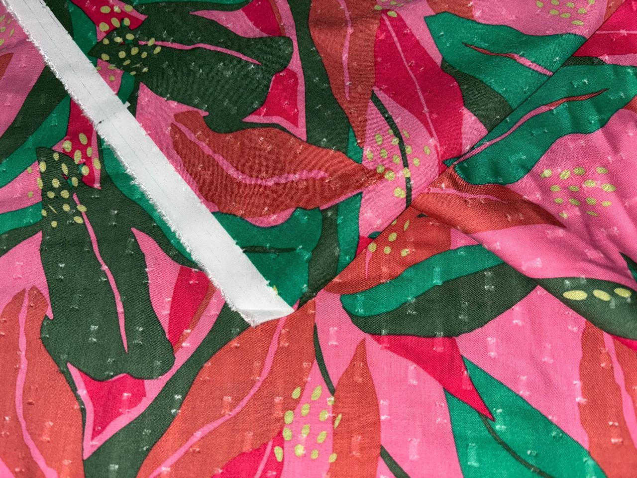 100% Pure Cotton Dobby print  fabric abstract pink and green leaves 58" wide [17200]