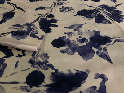 100% COTTON SATIN ivory with ink blue flowers [17223]