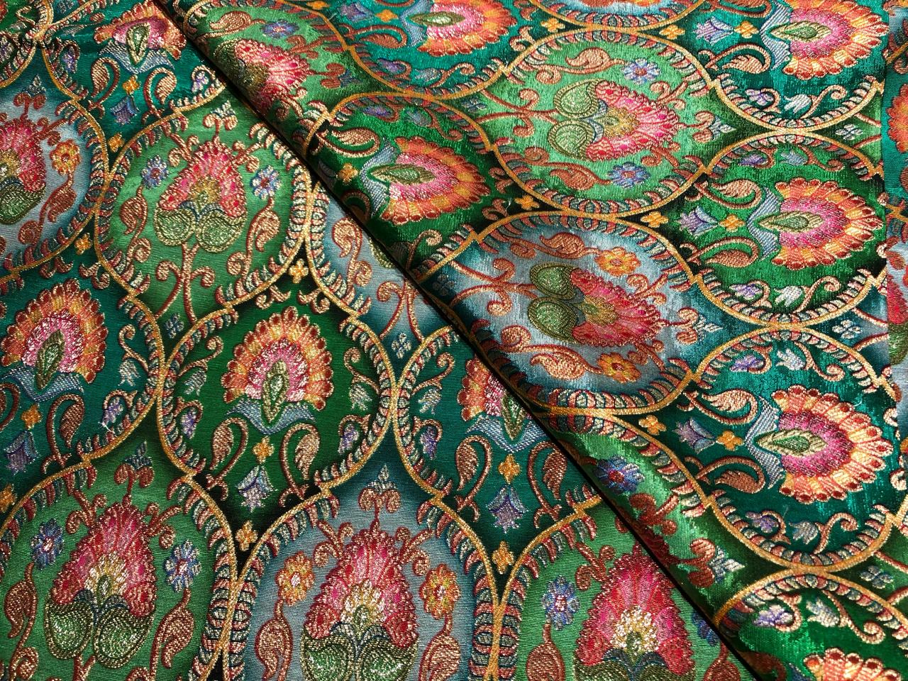 Silk Brocade Fabric beautiful jacquard  in multi colors 44""wide available in 4 color choices shades of greens/shades of blue and pink/shades of purple and pink and shades of olive and sea green   BRO967