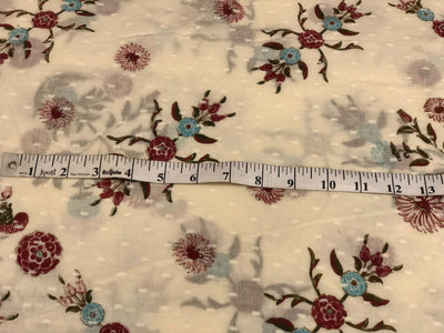 100% cotton mull fabric ivory dobby and floral motifs [18690]