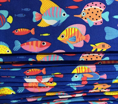 100% Cotton Poplin 58" wide digital print blue waters with bright colorful fish [17620]
