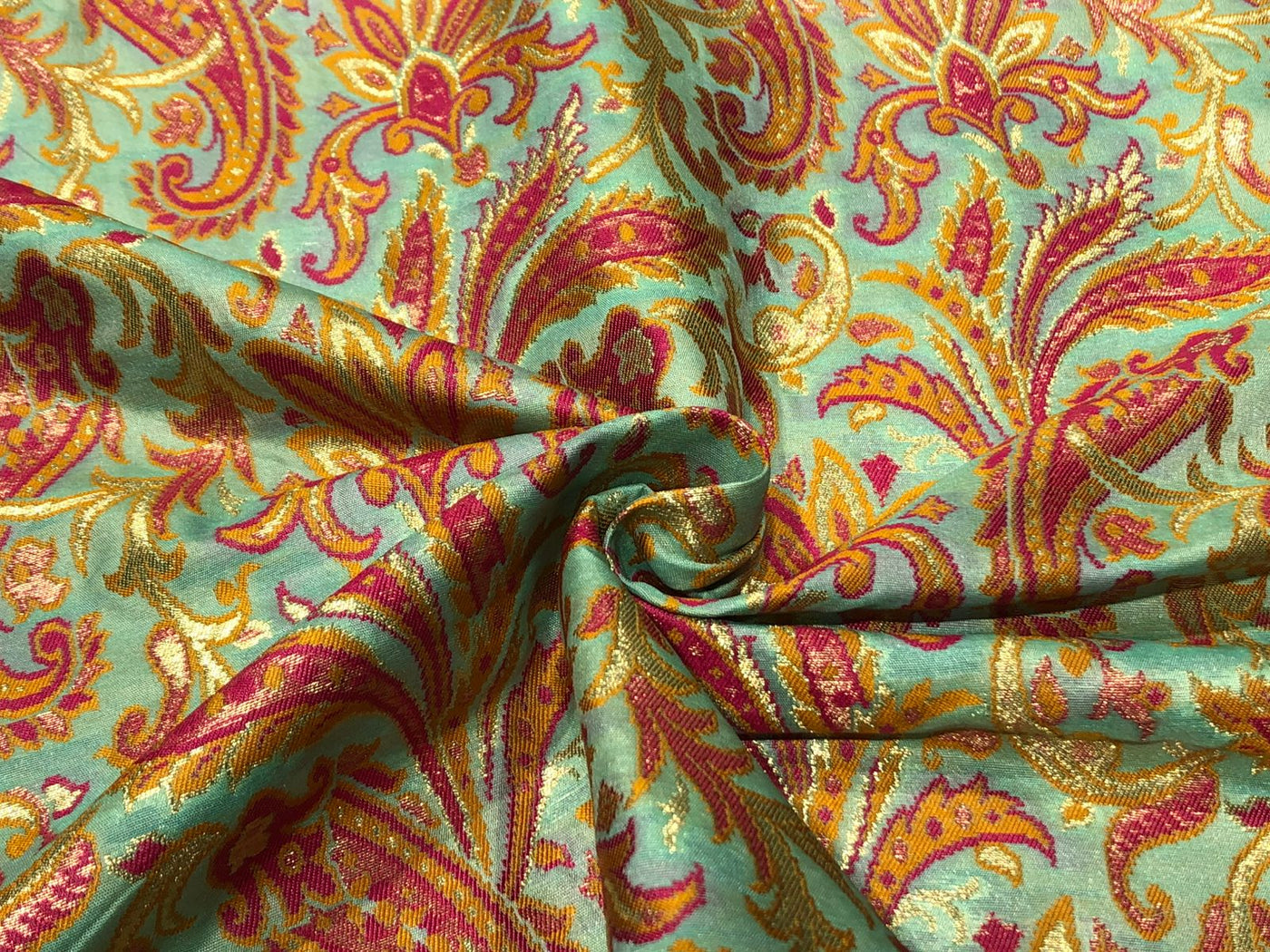 Silk Brocade fabric 44" floral, paisley with gold metallic jacquard available in 3 colors pink,peach,mango/mint green,pink,mango and silver grey,pink,mango BRO1058