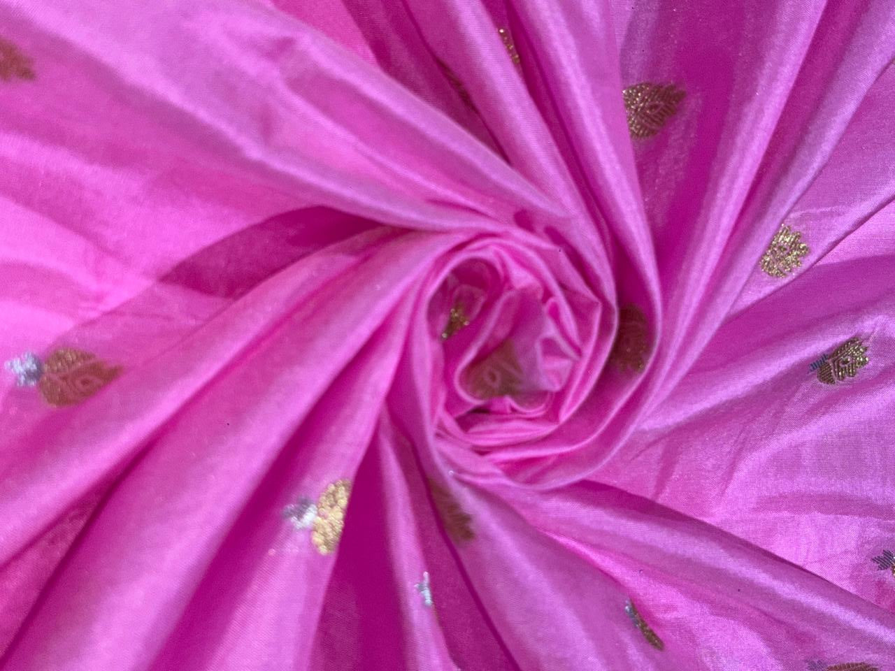 100% PURE Silk Brocade fabric 44" wide PINK with small metallic gold ,silver motifs BRO914[7]