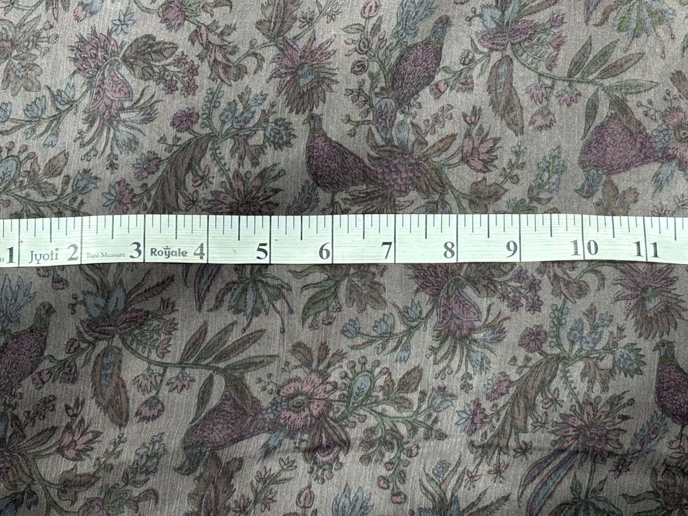 Silk chiffon  fabric iridescent  pink green and grey floral with bird  print  44" wide [17794]