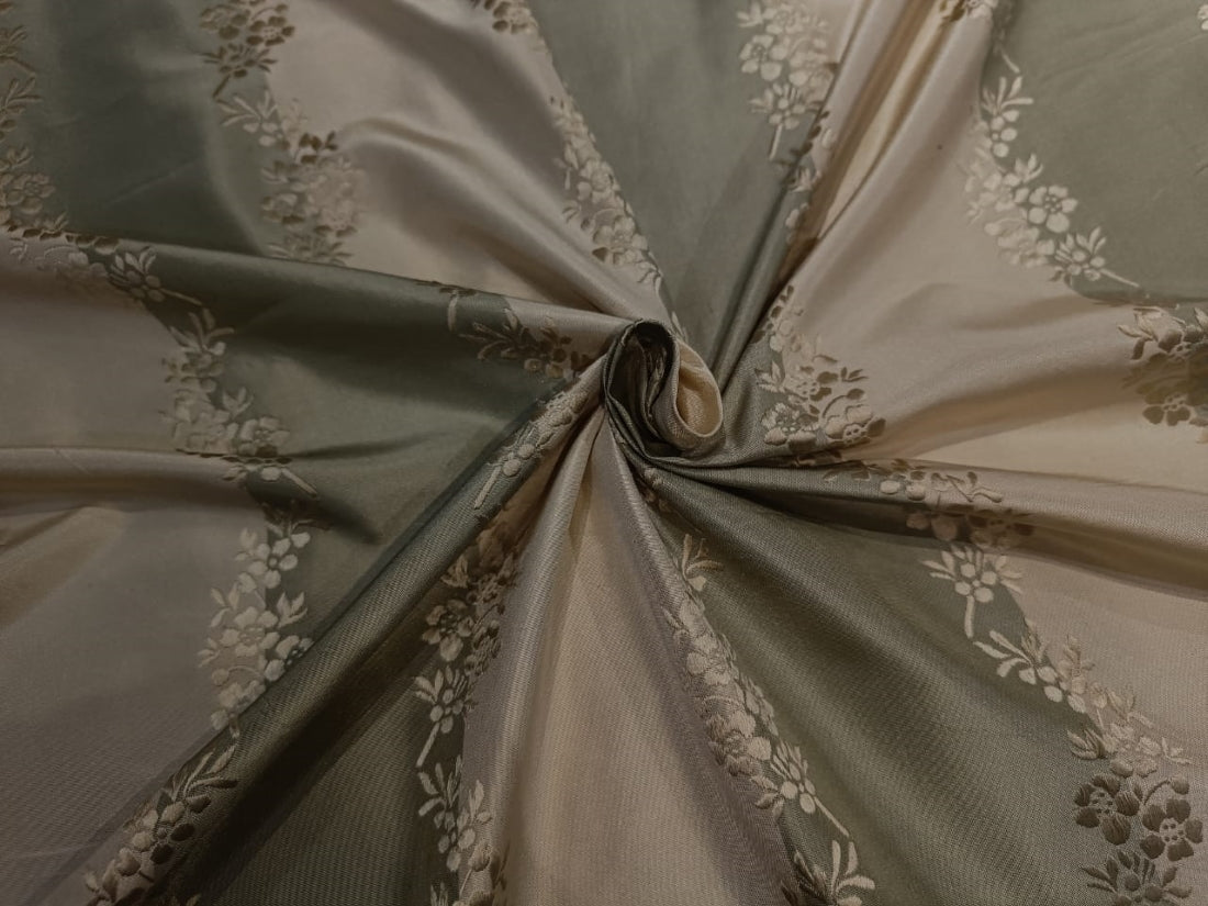 100% Silk Taffeta Jacquard Fabric Floral & Stripes 54"~wide available in four colors salmon and gold ,light olive and gold , pastel dusty salmon and gold ,pastel green and nude pink .