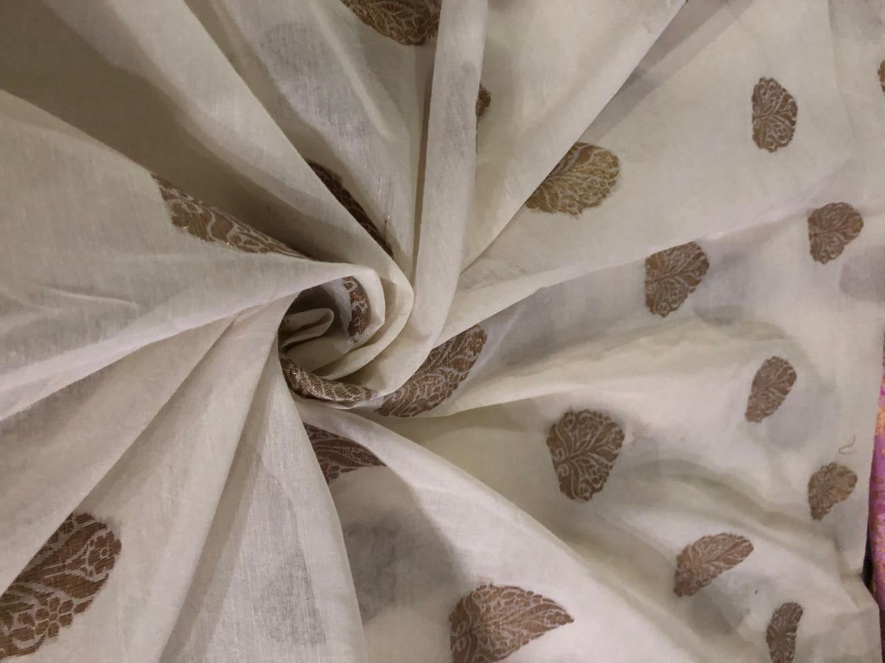 Silk Cotton Chanderi Fabric with  metallic gold jacquard  leaf motif 44&quot; wide [17225]