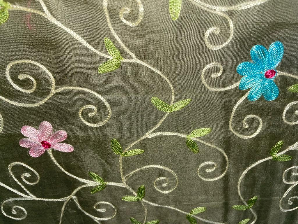 Silk organza embroidered 44 pastel green with pink blue floral embroidery [730]