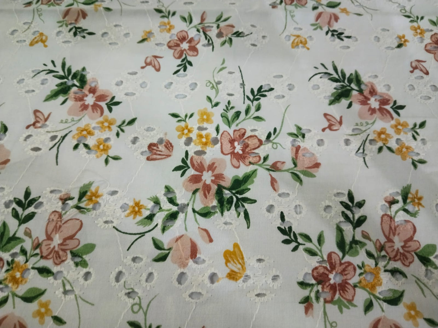 100% Cotton printed and chikan embroidery  fabric  58 inches wide 147 cms.available in 3 colors