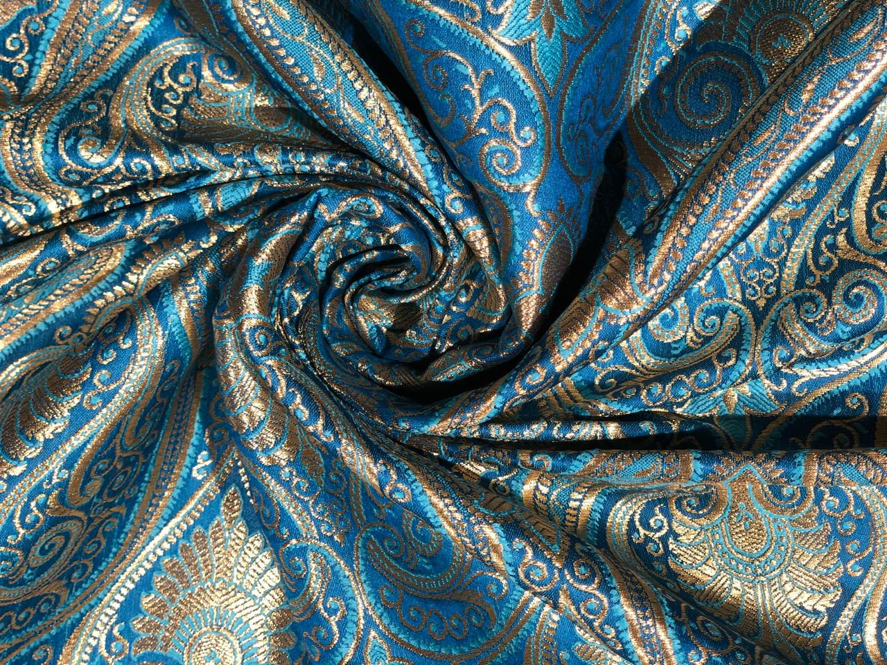 Silk Brocade fabric 44" paisley metallic gold  jacquard available in 2 colors bright orange and turquoise blue  BRO1049