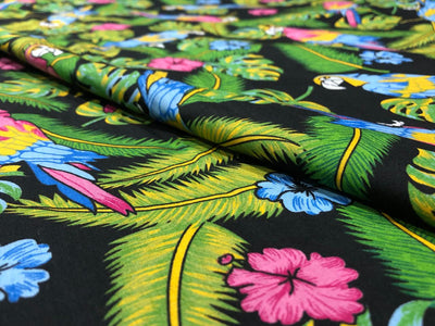 100% Cotton Poplin PRINT   58" wide RETRO BEACH available in 3 different prints pink ,orange, blue ,yellow ,green waves / black jungle with pink and blue parrots and flowers AND blue with lavender pink flowers