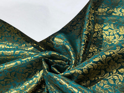 Brocade Fabric TEAL FLORAL VINE  Jacquard x metallic gold  Color 44" wide BRO976[4]