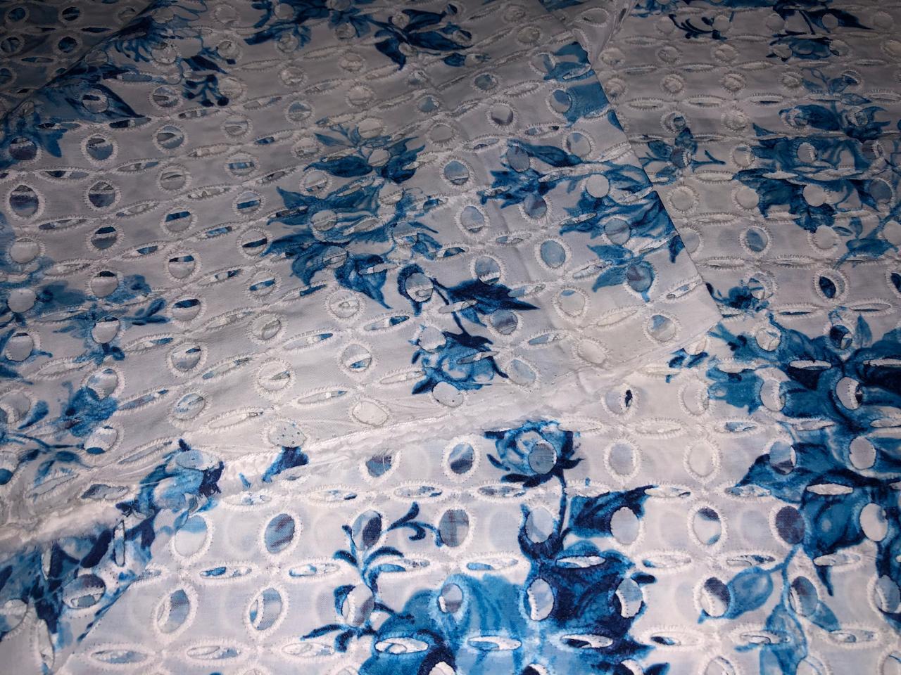 100% Cotton white with blue floral printed and hakoba embroidered fabric  58 inches wide 147 cms. [17303]