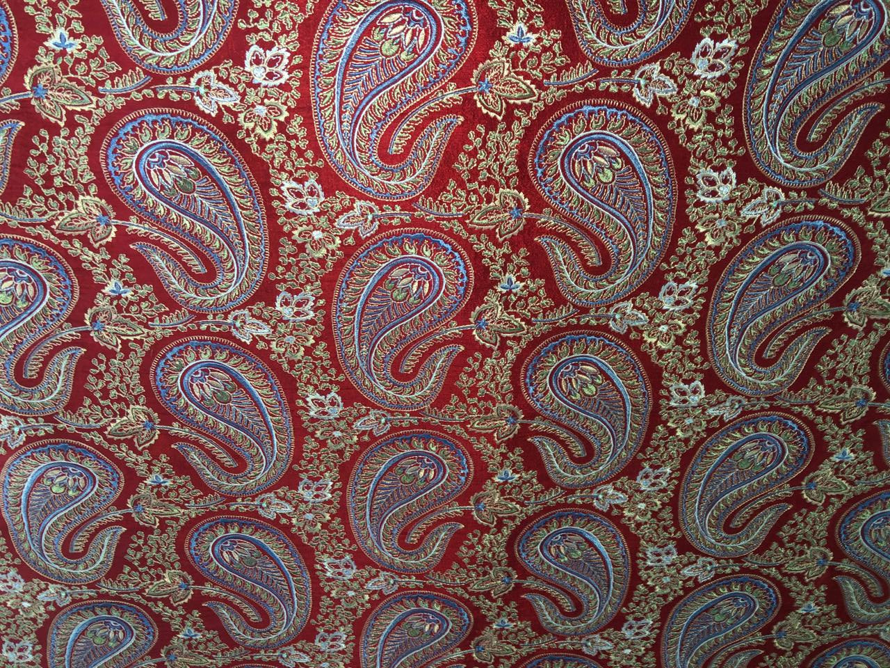 100% Silk dupioni EMBROIDERY 44" WIDE red color with blue paisley embroidery DUPE71