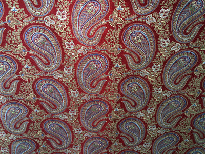 100% Silk dupioni EMBROIDERY 44" WIDE red color with blue paisley embroidery DUPE71