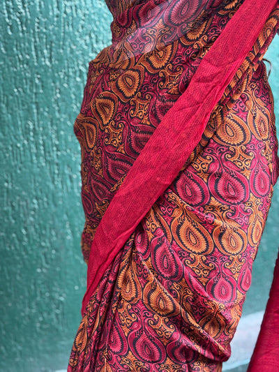 SARI Indian beautiful silk chiffon sari Indian red with mustard paisleys single length 6 yards [17683]