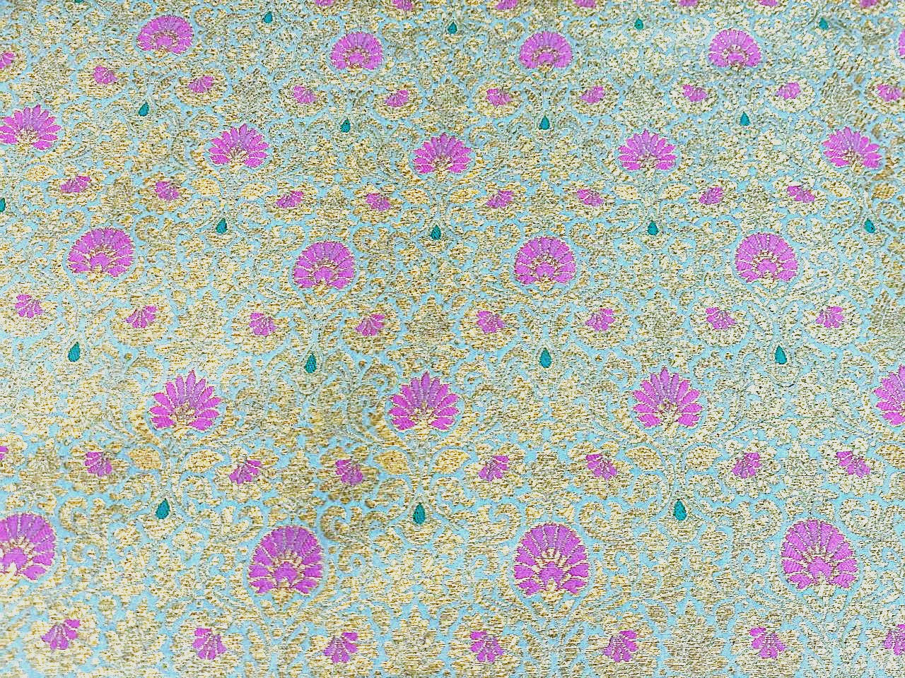 Silk Brocade fabric all over gold jacquard vines with floral motifs in 2 different colors lilac with rusty red and sea blue with pink BRO1098[1/2]