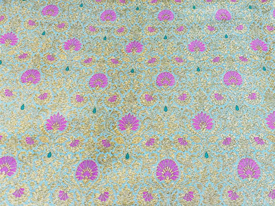 Silk Brocade fabric all over gold jacquard vines with floral motifs in 2 different colors lilac with rusty red and sea blue with pink BRO1098[1/2]