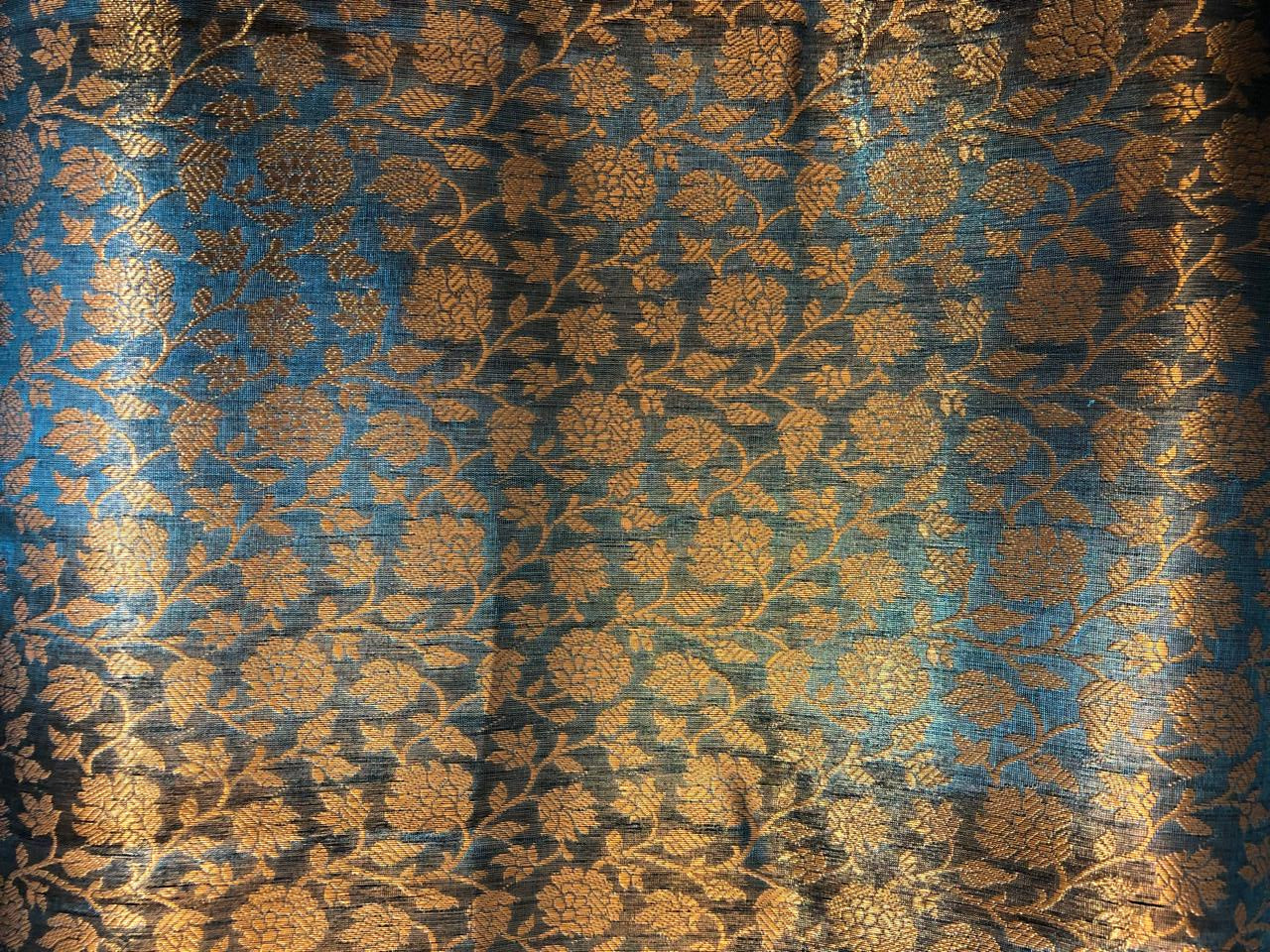 Silk Brocade fabric 44" teal blue floral jacquard BRO1068[3]
