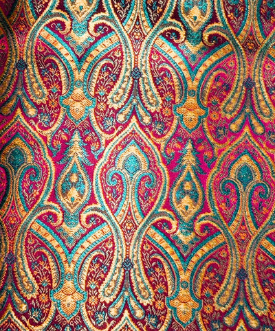 Silk Brocade fabric 44"bright paisley  jacquard available in 4 colors pink/blue/gold , mango/pink/green ,burgundy/green/gold and ink blue/teal/red   BRO1045