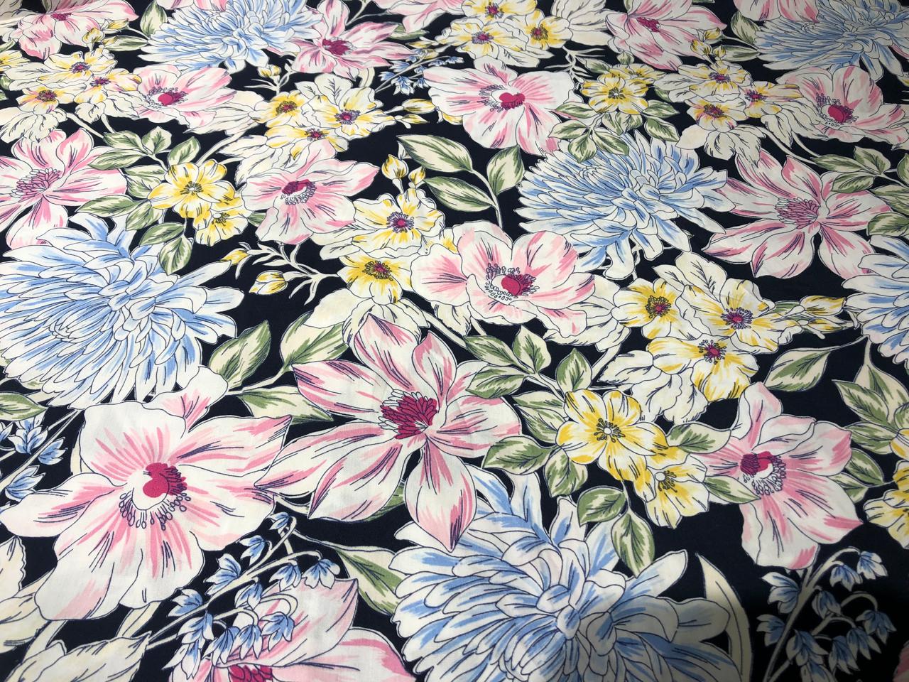 100% Cotton Poplin 58" black with pink, yellow ,blue and green floral [17581]