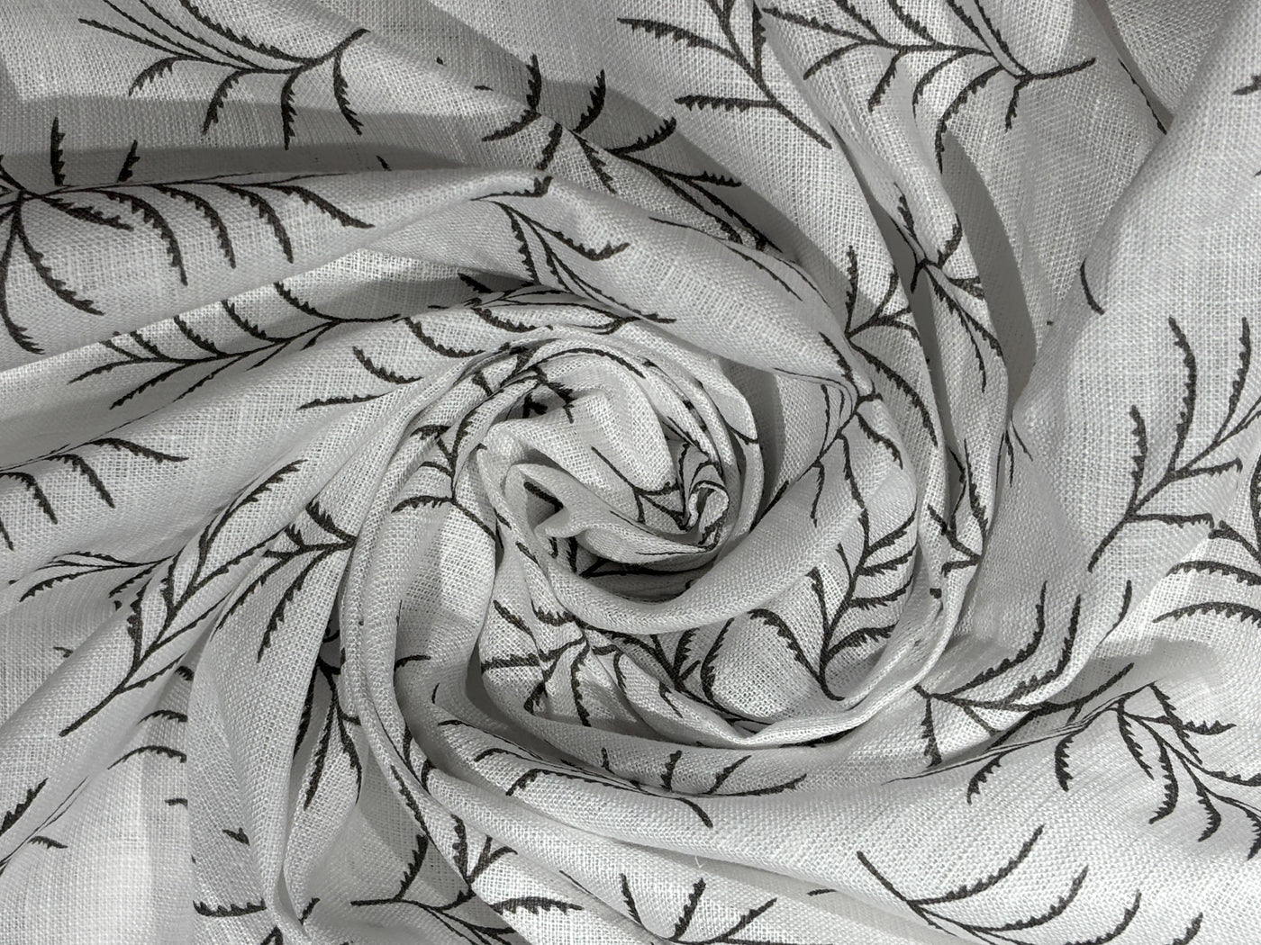 Linen 70's lea  pure linen fabric 58 inch wide white and grey leaf motif  print [17682]