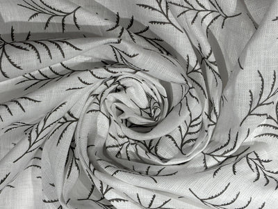 Linen 70's lea  pure linen fabric 58 inch wide white and grey leaf motif  print [17682]