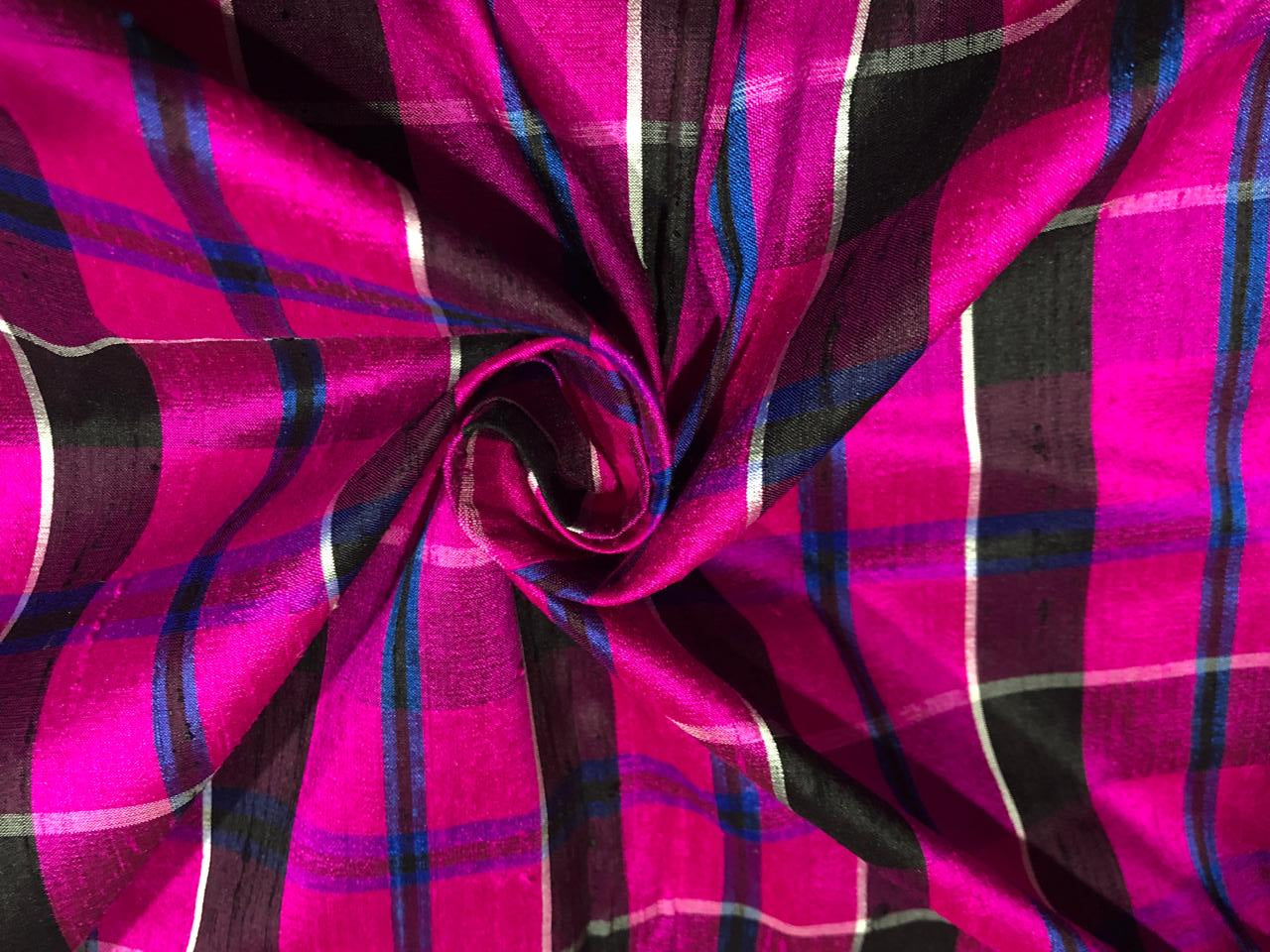 100% silk dupion  Plaids fabric with slubs bright pink, violet, burgandy ,blue and black 54" wide DUPNEWC28[1]