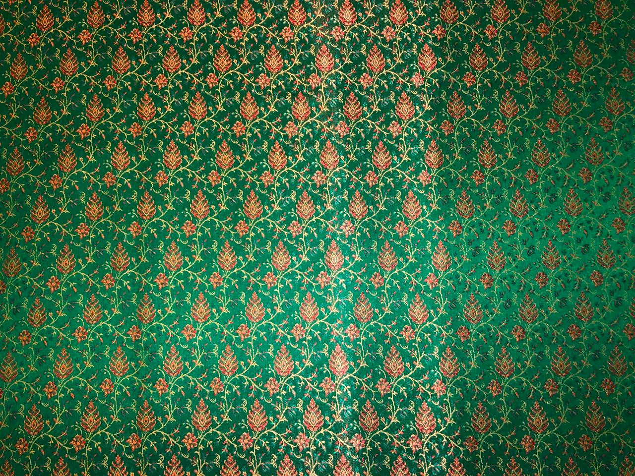 Silk Brocade fabric parrot green intricate floral with subtle red BRO1082[2]