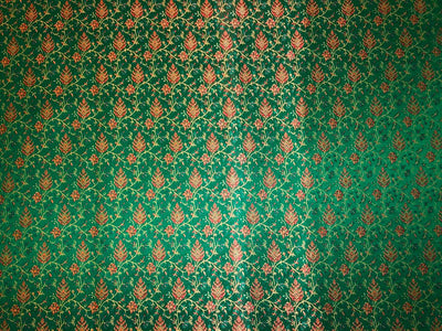 Silk Brocade fabric parrot green intricate floral with subtle red BRO1082[2]