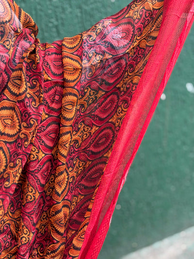 SARI Indian beautiful silk chiffon sari Indian red with mustard paisleys single length 6 yards [17683]