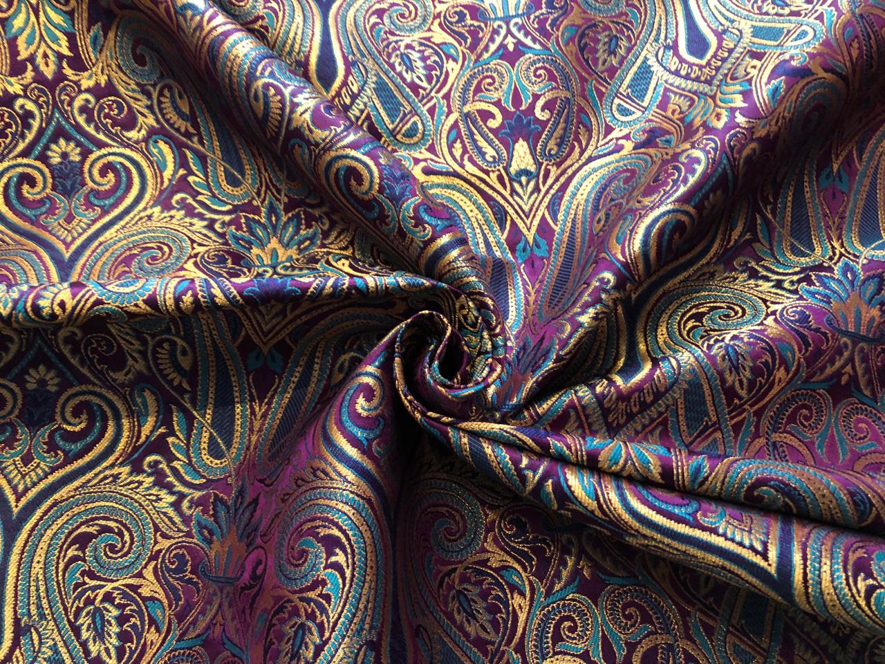 Silk Brocade fabric gold jacquard paisleys available in 3 colors magenta/teal ,deep purple/teal and peach/green/red BRO1102