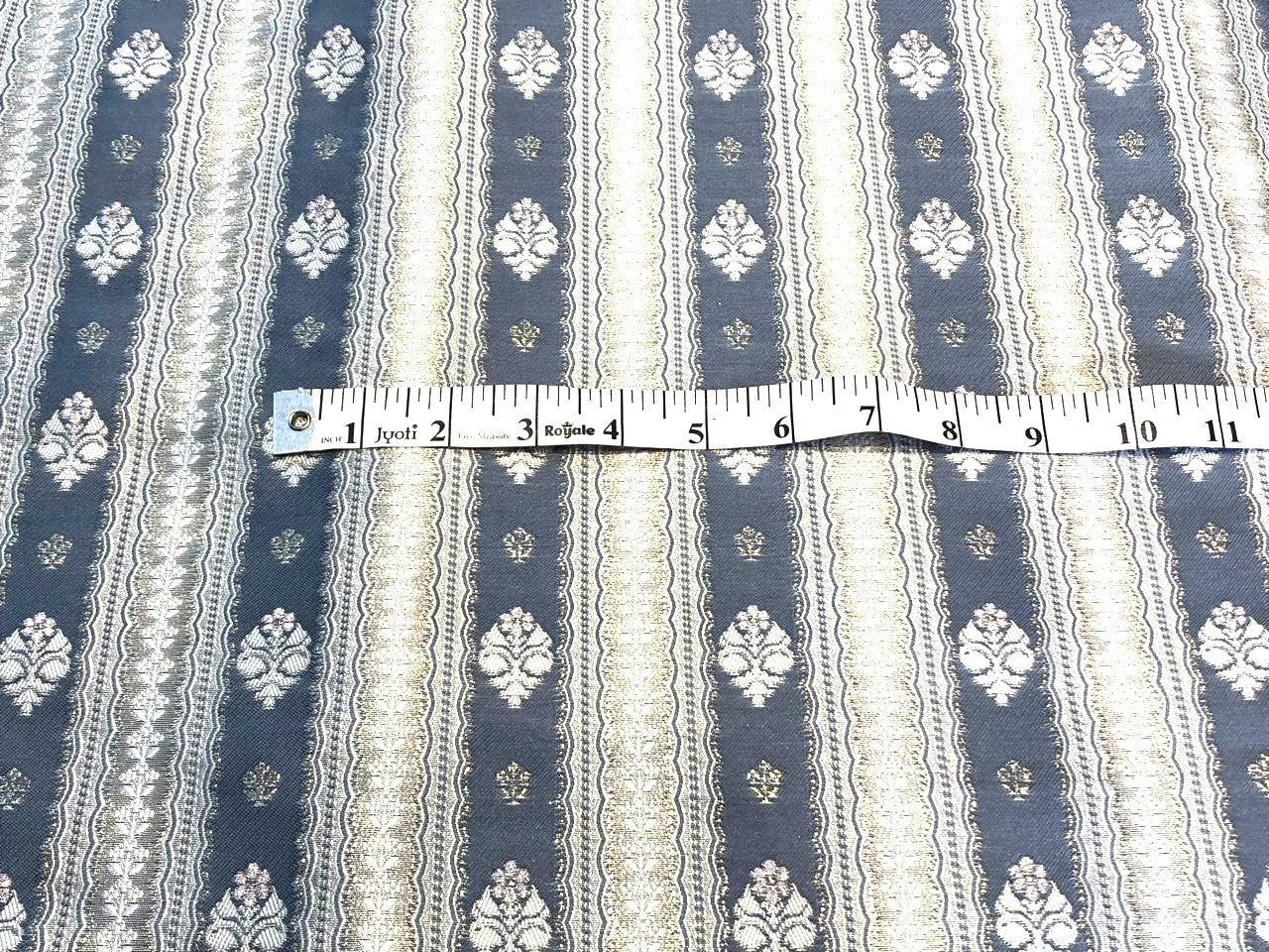 Silk Brocade fabric slate blue ,silver and white horizontal stripes with flower  motifs BRO1090[1]