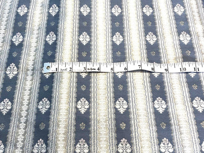 Silk Brocade fabric slate blue ,silver and white horizontal stripes with flower  motifs BRO1090[1]