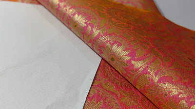 Silk Brocade Fabric  jacquard 44" wide  BRO974A available in 3 colors peacock green/deep olive and pink x orange