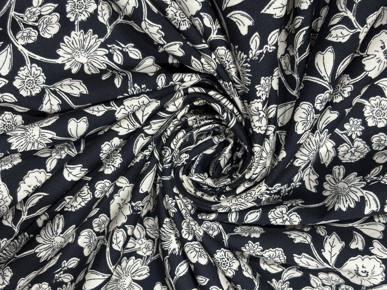 100% Cotton Poplin black , ivory floral print 56" wide [18266]