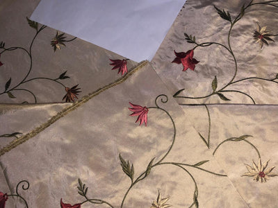 100% Silk TAFETTA EMBROIDERY 44" WIDE cream with scarlet, brown ,blue and yellow flowersTAFE22[3]