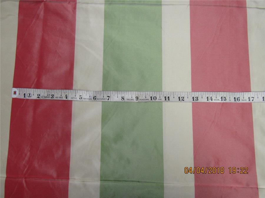 Silk Taffeta Fabric Green cream & pink Stripes 44" WIDE TAF#S139[19]