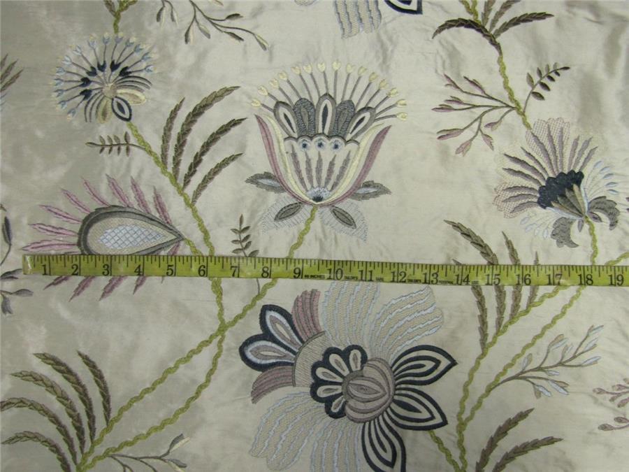 100% Silk Dupion Fabric Embroidery cream/green/blue/mauve color 54" DUP# E56[2]