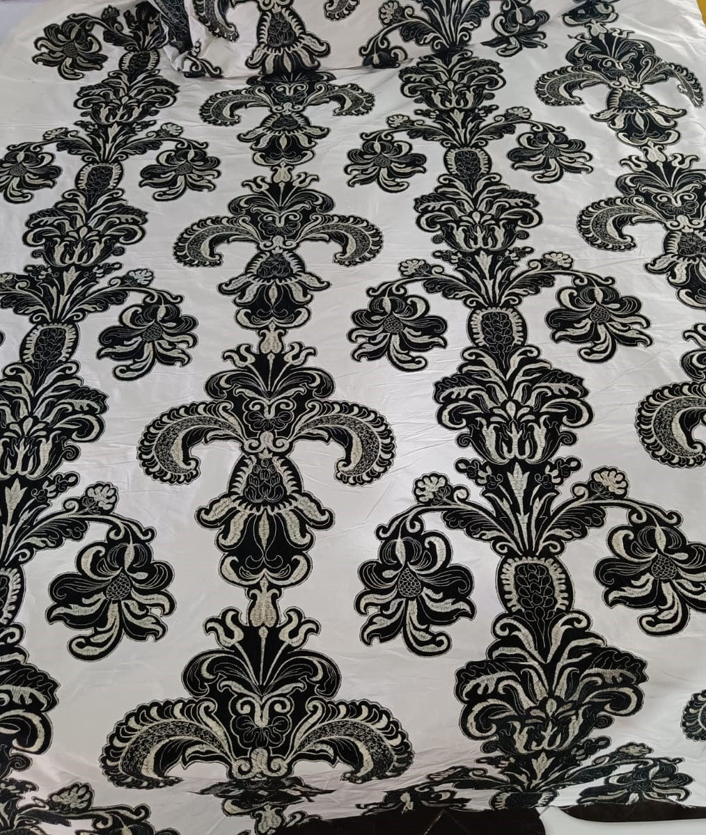 SILK DUPIONI EMBROIDERY REVERSABLE IVORY AND BLACK AND IVORY AND CREAM 54" wide DUP#E12