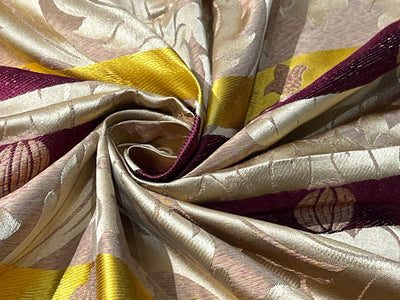 100% Silk Taffeta Jacquard Fabric  REVERSABLE one side floral gold  with yellow gold and wine stripes and other side floral gold with hints of wine TAFJACNEW18