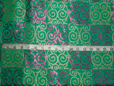 Pure SILK BROCADE FABRIC Pink,Green &amp; Metallic Gold 44" wide BRO315[4]