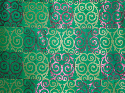 Pure SILK BROCADE FABRIC Pink,Green &amp; Metallic Gold 44" wide BRO315[4]
