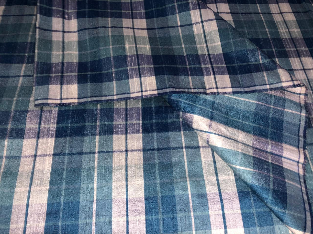 100% silk dupion  Plaids fabric with slubs shades of blue  and white  54" wide DUPNEWC26[4]