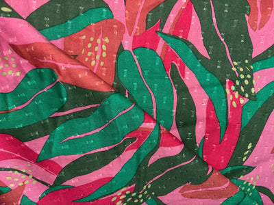 100% Pure Cotton Dobby print  fabric abstract pink and green leaves 58" wide [17200]