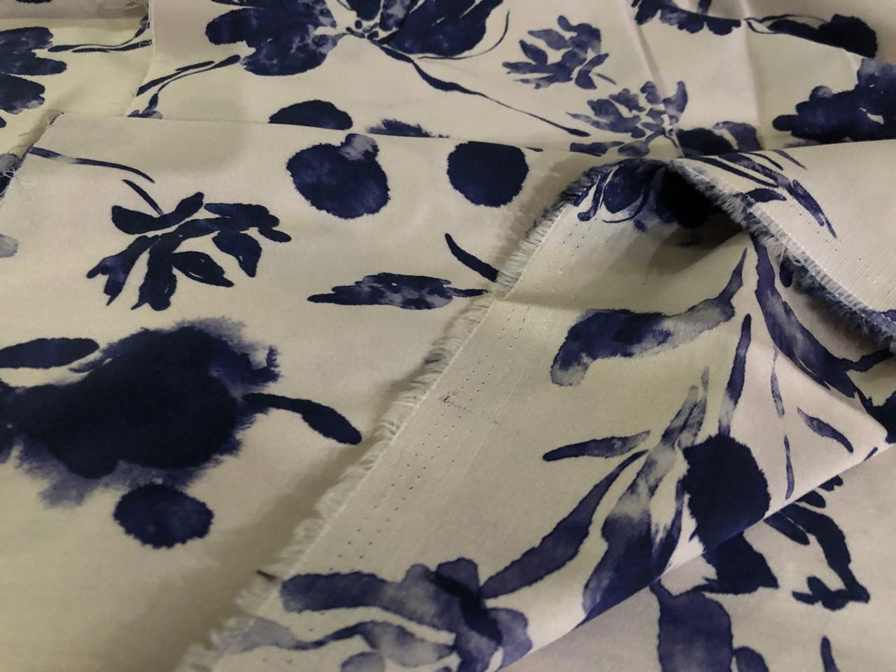 100% COTTON SATIN ivory with ink blue flowers [17223]