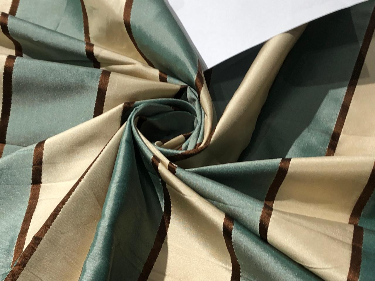 100% SILK TAFFETA FABRIC PALE TEAL,BEIGE CREAM AND DARK BRONZE STRIPES   TAFNEWS26