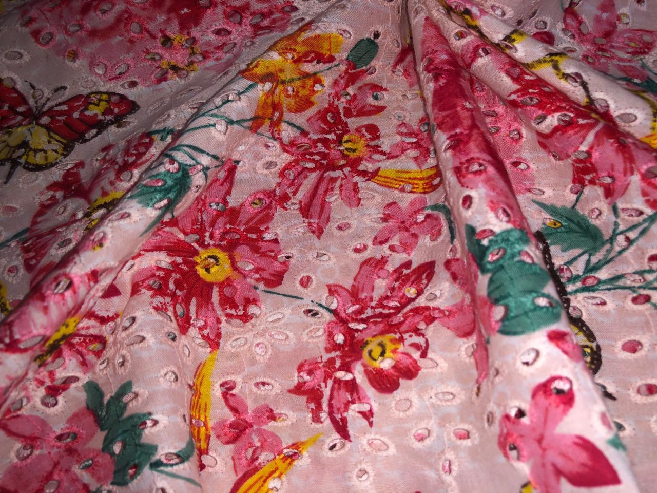 100% Cotton white with pink floral printed and hakoba embroidered fabric  58 inches wide 147 cms. [17304]