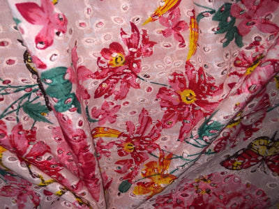 100% Cotton white with pink floral printed and hakoba embroidered fabric  58 inches wide 147 cms. [17304]