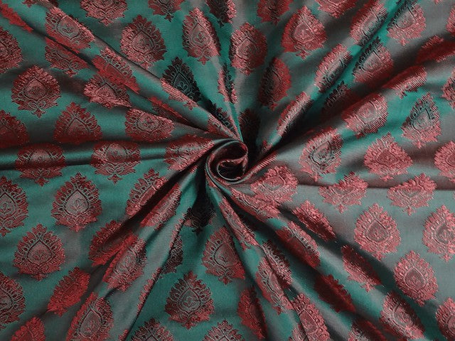 SILK BROCADE FABRIC Forest Green & Rust COLOR 44" WIDE BRO321[4]